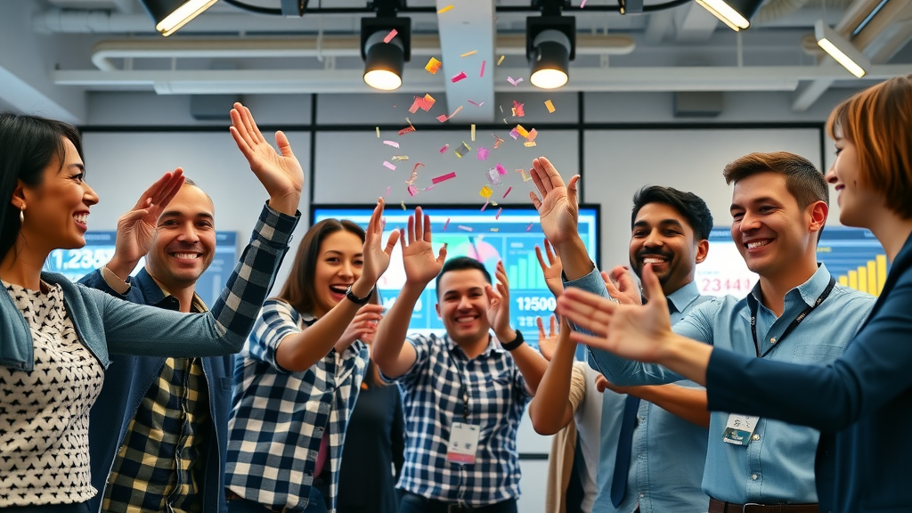 diverse marketing analytics team celebrating digital KPI milestone, strong brand awareness