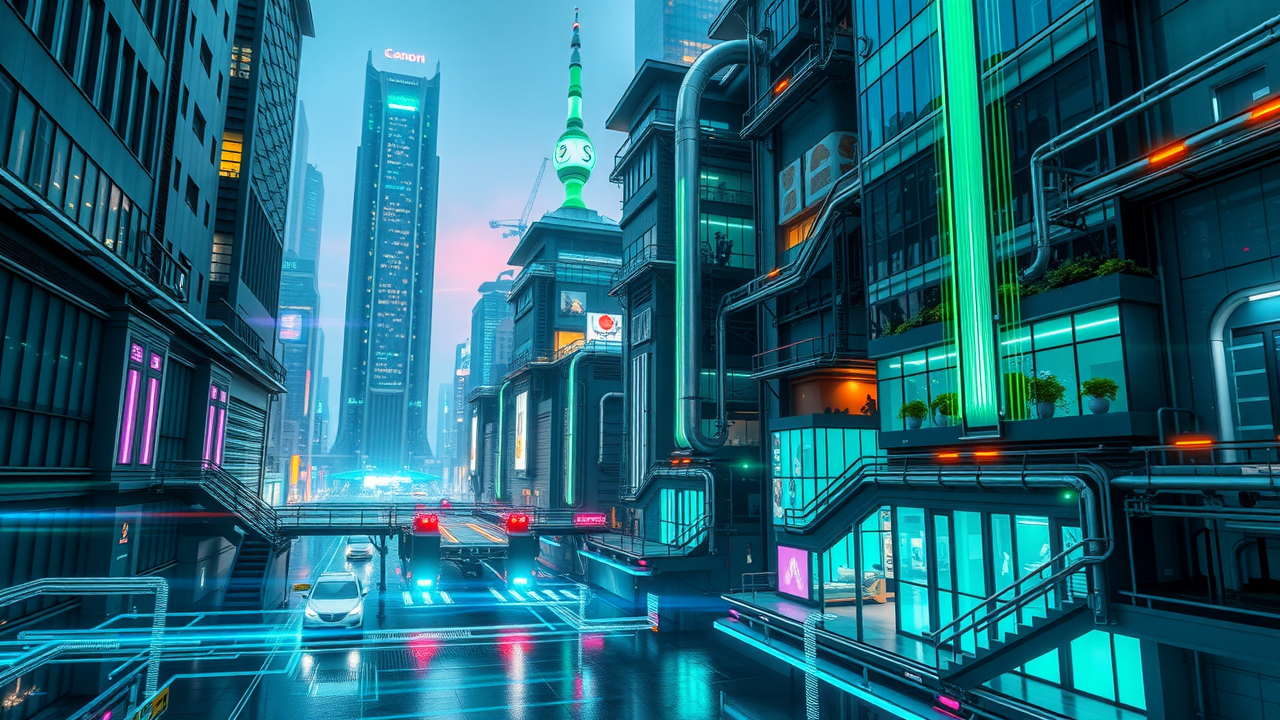 futuristic cityscape with advanced eco-friendly hvac infrastructure and smart grid