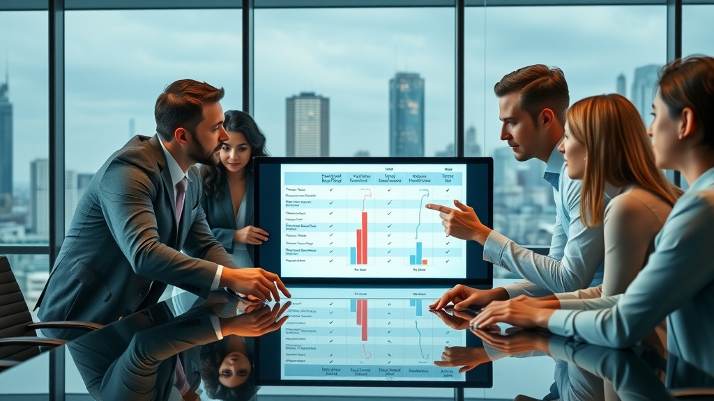 Marketing team discussing a chart comparing traditional and digital media benefits in a modern conference room - traditional vs digital media