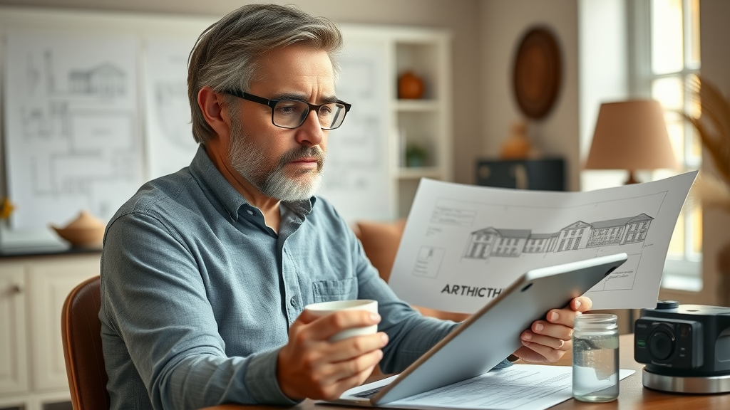Thoughtful homeowner planning home renovation strategies with architectural blueprints