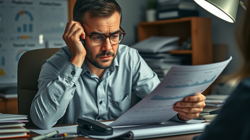 Frustrated business owner reviewing declining sales charts and missed calls, showing common pitfalls in small business lead generation