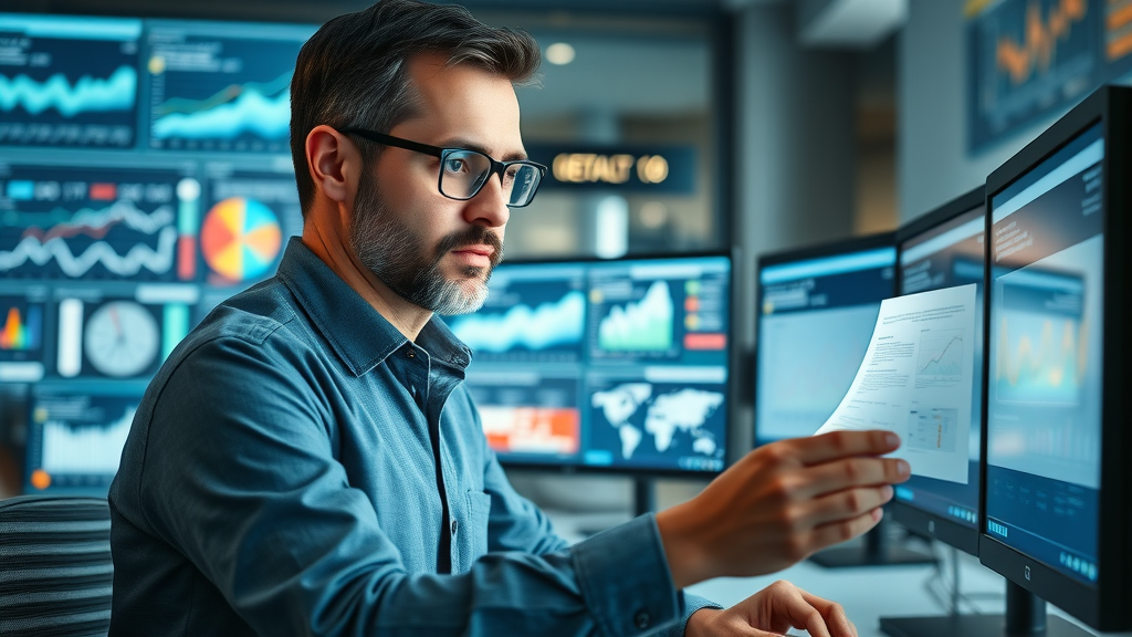 Professional marketing strategy consultant analyzing data-driven reports and digital analytics on large monitors