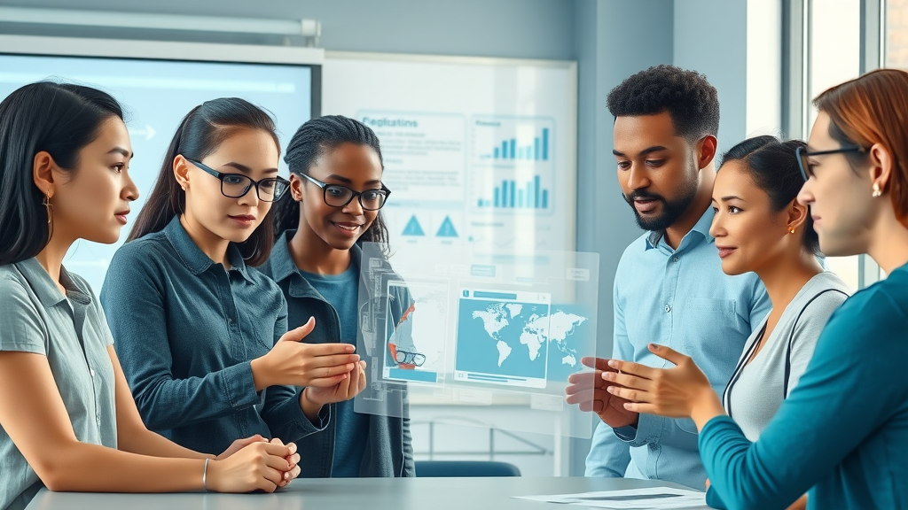 Graduate students collaborating with AI instructor on environmental policy scenarios