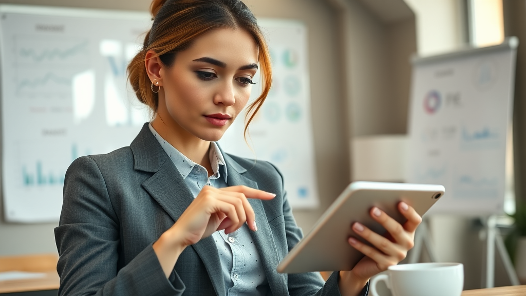 inspirational businesswoman planning marketing strategy with digital tablet, analyzing funnels and content