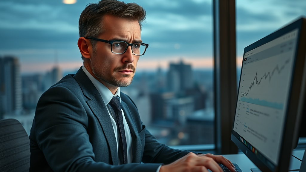 Frustrated SEO manager reviewing poor Google rankings due to keyword research tool mistakes
