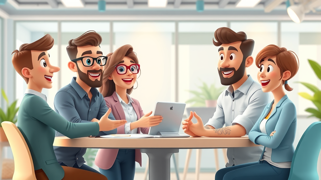 collaborative marketing team with leader mentoring professionals in a bright workspace, animated teamwork