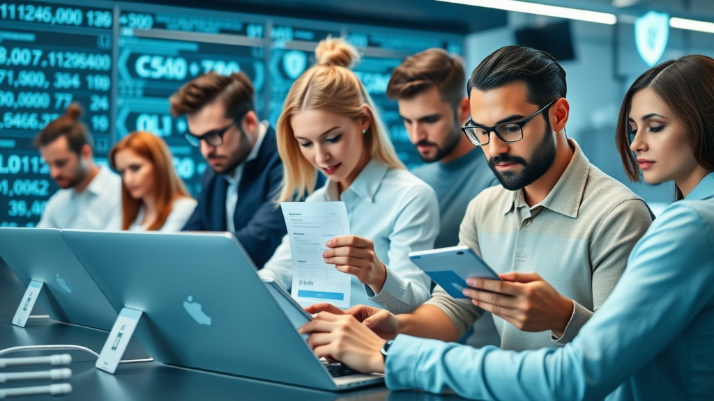 Diverse shoppers confidently completing secure ecommerce payment processing on digital devices.
