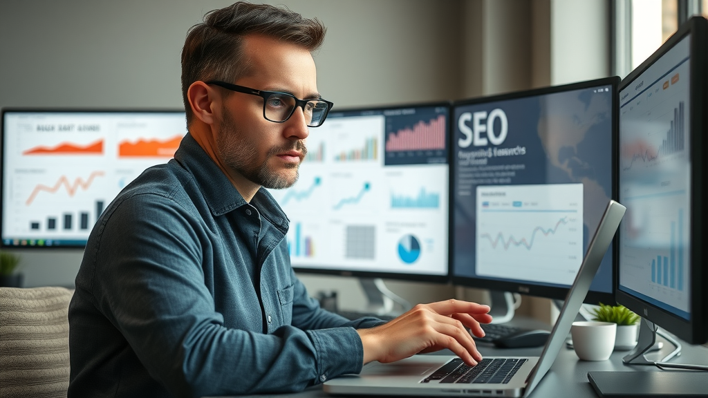 focused marketing strategist using keyword research tools for HVAC business with SEO charts and data