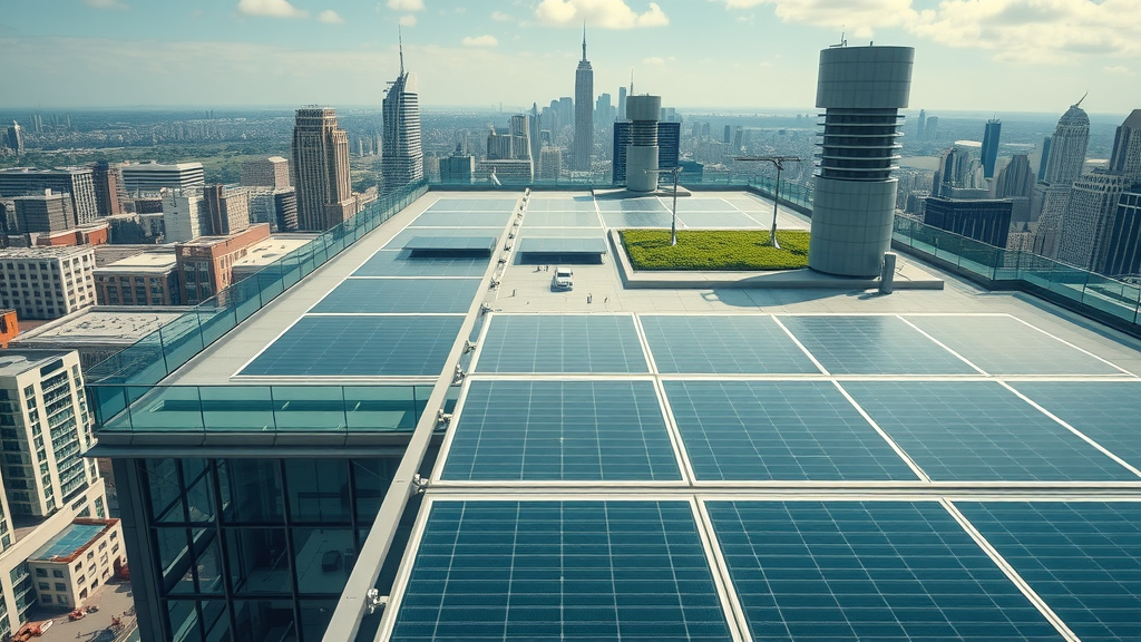 Modern city building with expansive flat roof, types of roofs, rooftop garden and solar panels, urban skyline