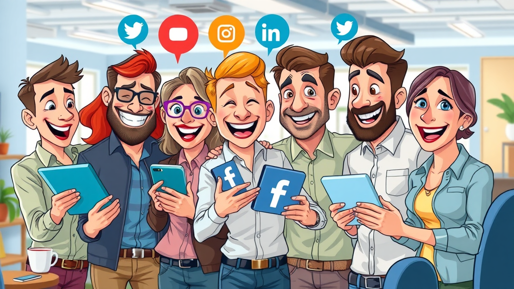 Collaborative social media marketing team sharing off-page SEO content on multiple platforms, bright lively office with icons