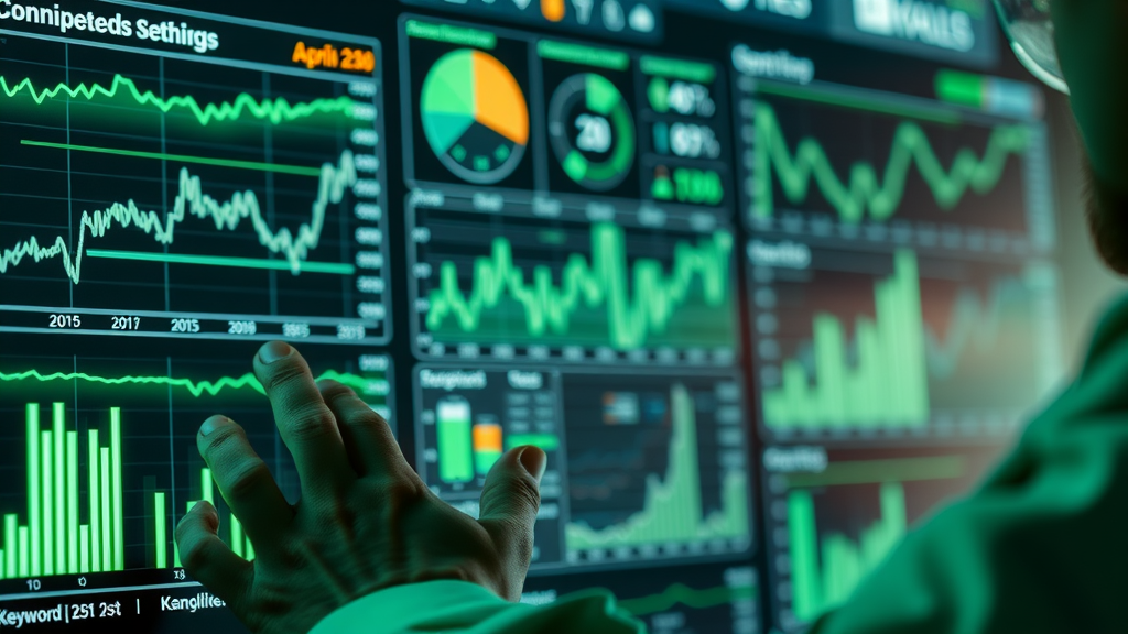 Data analyst interpreting keyword research tool trends with interactive graphs and shifting volumes