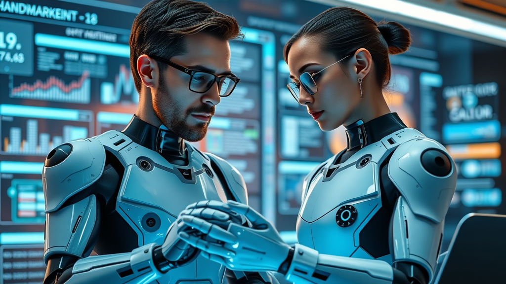 futuristic marketer and AI robot planning advanced content strategy, digital interface, 2024 content marketing techniques
