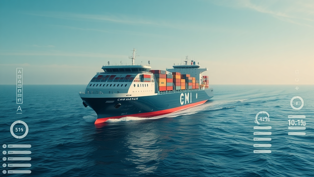 modern AI-driven cargo ship on ocean with real-time data adjustments