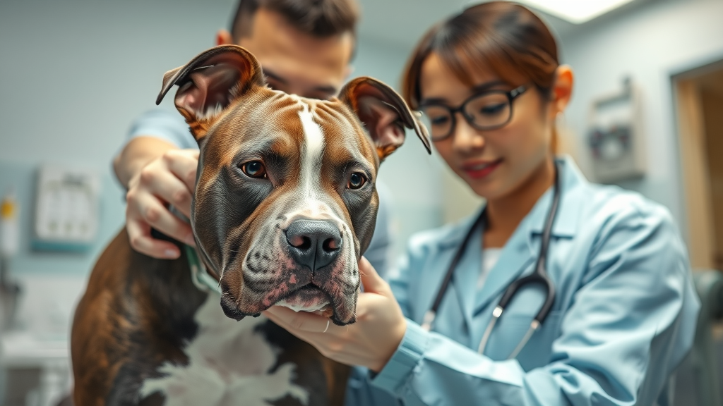 concerned pit bull terrier being examined by a caring veterinarian, attentive facial expressions, checking dog