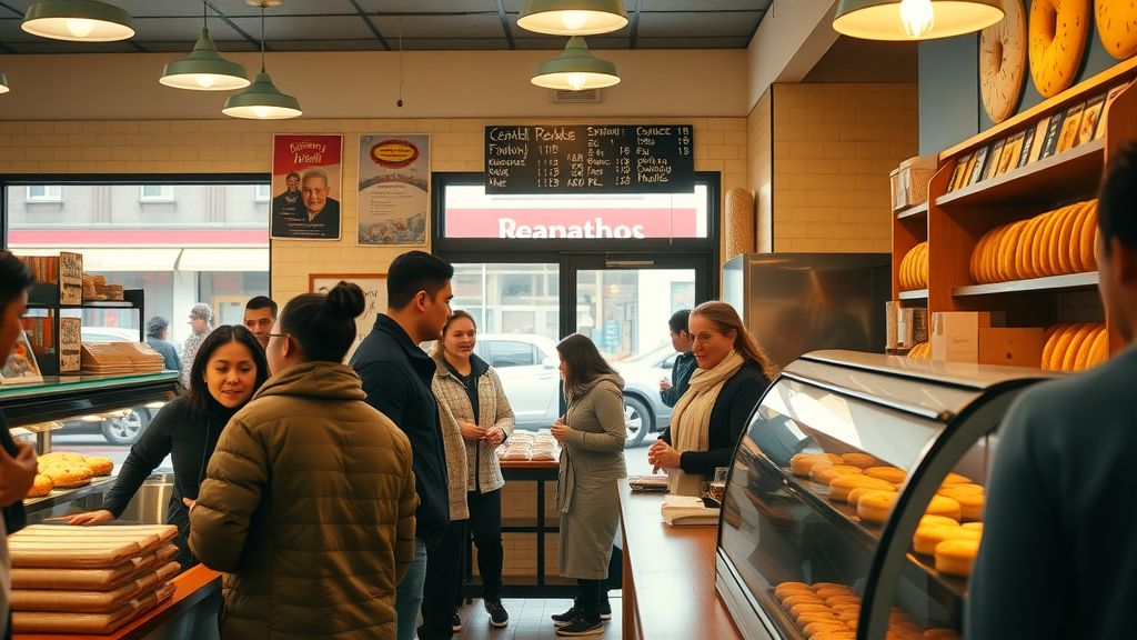 Vibrant local doughnut shop with customers lining up, baker arranging fresh pastries in display cases, hinting at industry shifts post-Krispy Kreme and McDonald’s split.