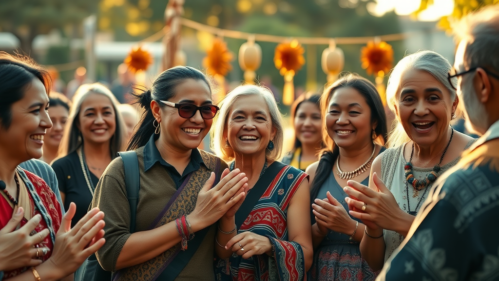 cultural awareness inspirational indigenous community gathering, sunlit park, traditional decorations, respectful smiles, lifelike, diverse, 4k clarity, golden hour, 50mm lens