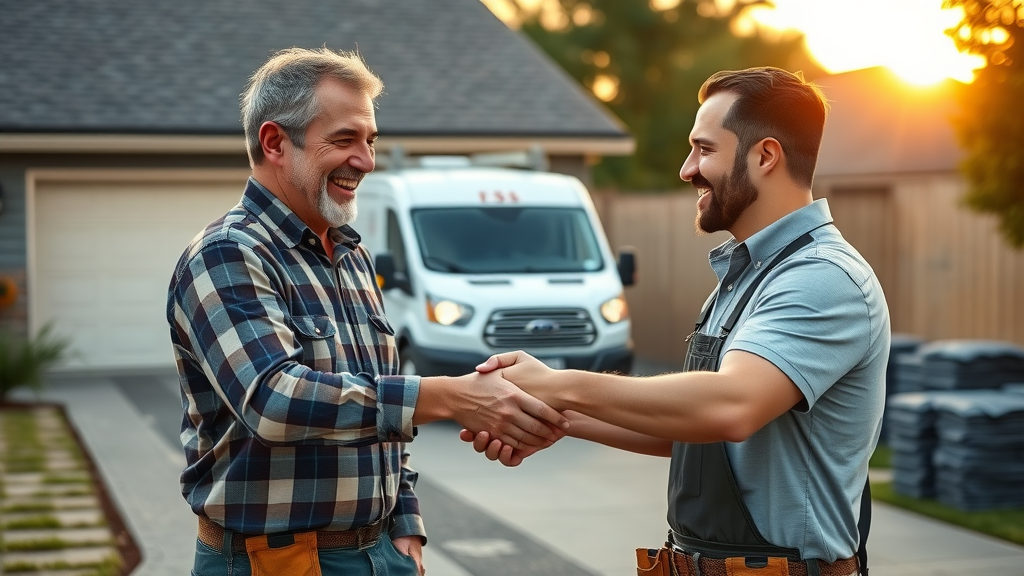 Cheerful homeowner shaking hands with roofing contractor after securing the best replacement cost deal