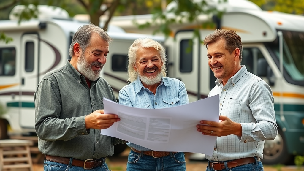 Happy RV park owners collaborating outdoor reflecting optimism in rv park industry trends