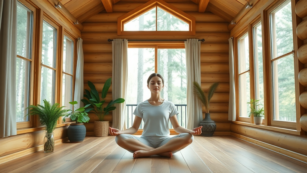 serene person meditating in bright log home, wellness benefits, healthy environment log homes