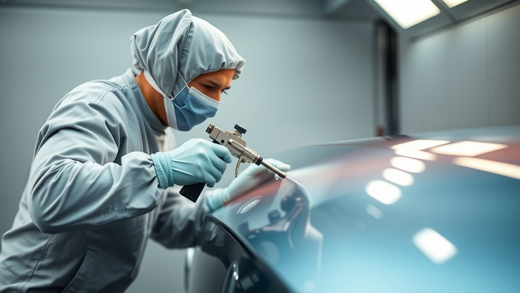 professional auto painter spraying base coat on flawless car surface in prep booth, metallic and glossy paint colors, soft lighting, 85mm lens