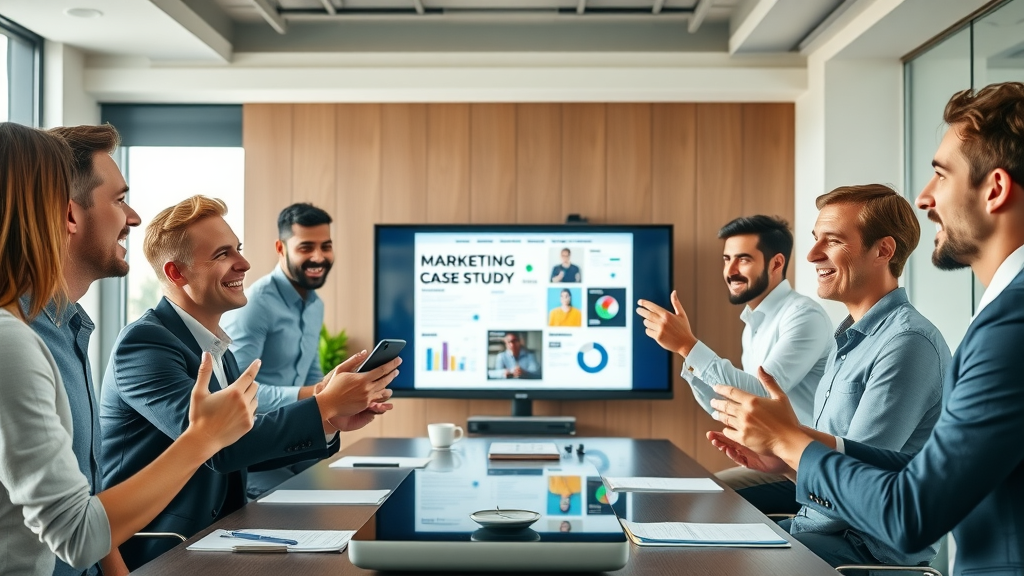 dynamic business team celebrating marketing success case study media channels