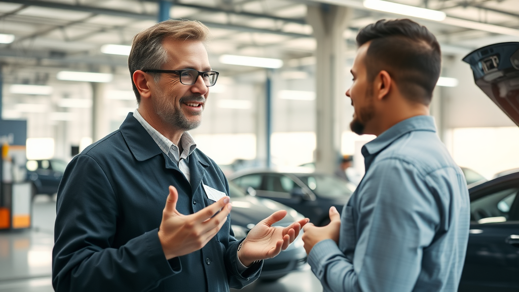 Service manager reassures customer in auto centre, showing reliable customer service.