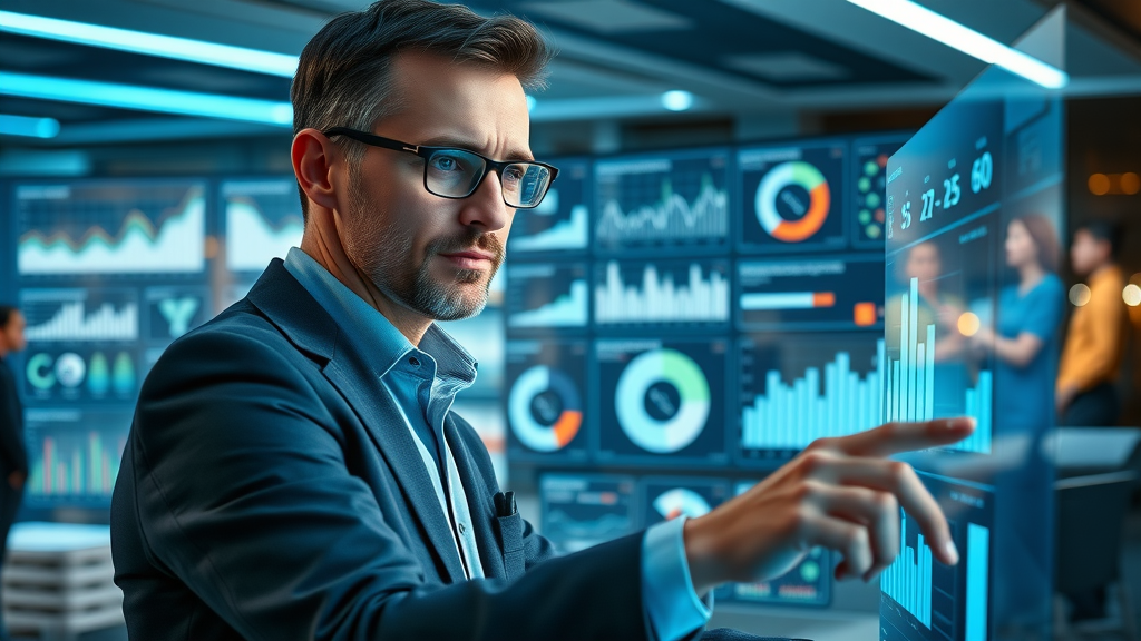 interim chief marketing officer analyzing marketing KPIs on dashboard in a futuristic office