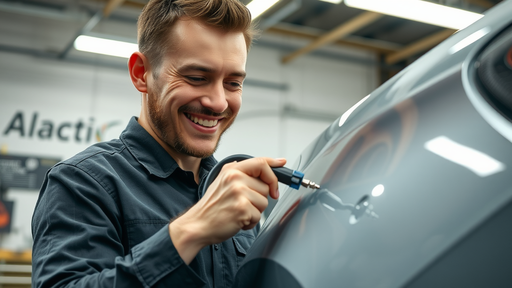 auto technician using suction tool to remove small dent from car fender, action-focused, modern workshop, macro lens