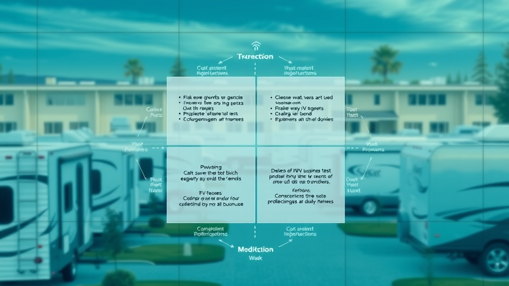 Conceptual business matrix diagram overlay on RV park scene, symbolizing growth and future of RV parks