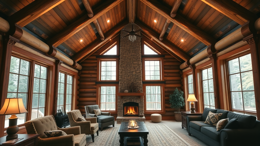 spacious timber frame log home interior, exposed wood beams, cozy fireplace, types of log homes, elegant style