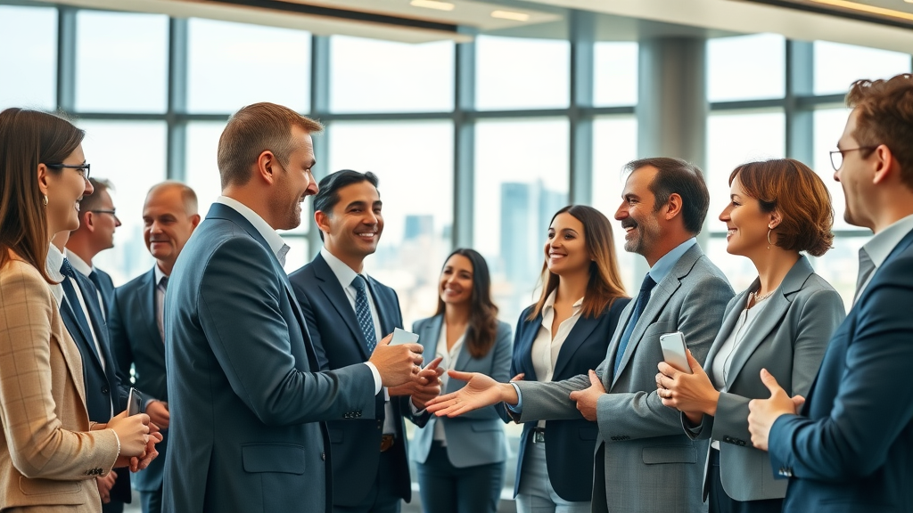 Diverse business professionals networking at chamber networking events in a city conference hall