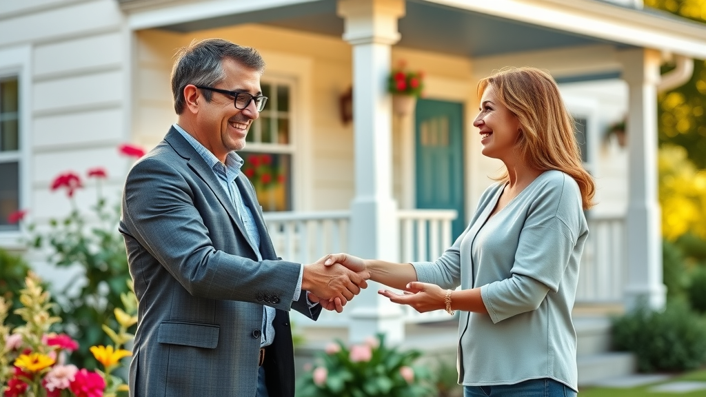 estate agent and homeowner shaking hands in front of renovated house flipping tips