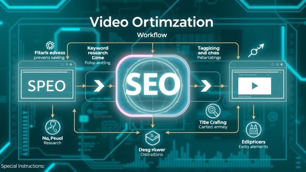 Video optimization workflow diagram showing steps for SEO: keyword research, title creation, tagging, and descriptions