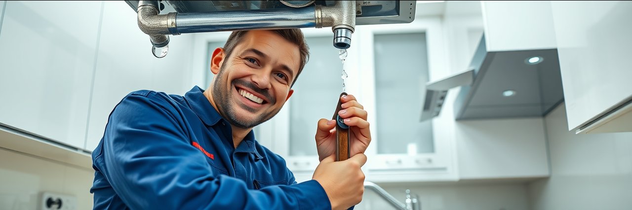 Professional plumber fixing pipe under kitchen sink, modern plumbing service.