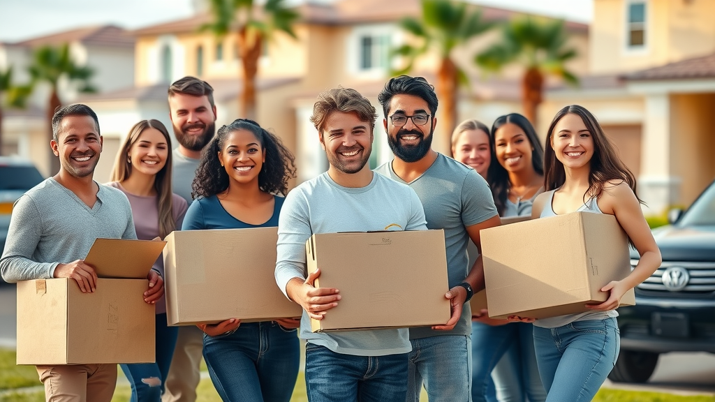 Optimistic diverse group of new homeowners in suburban Las Vegas, holding moving boxes, palm trees in the background – Vegas housing market