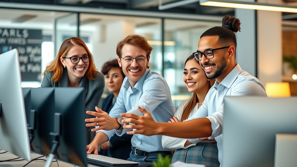 vibrant modern small business team collaborating at a digital workspace, digital marketing for small businesses