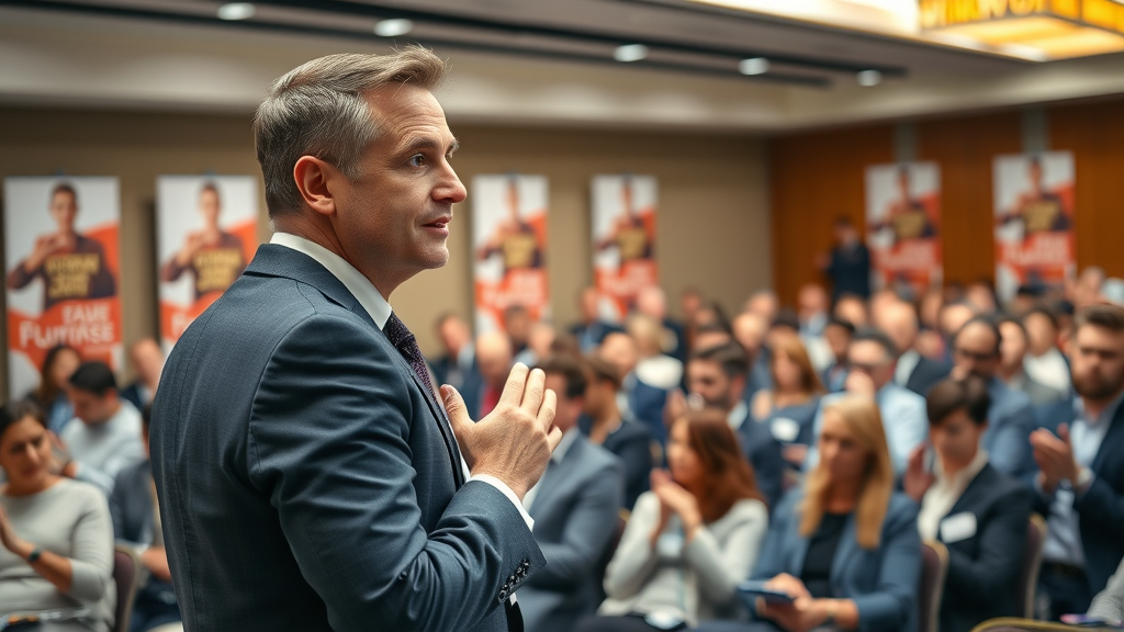 Speaker inspiring audience at chamber networking events professional seminar