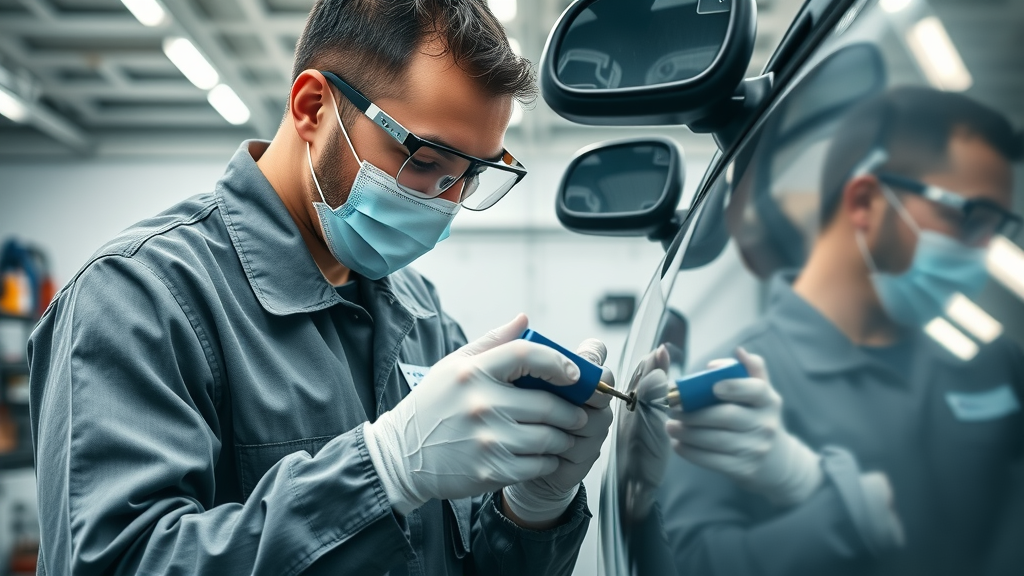 Technician performing dent repair during collision repair process, auto body repair body shop