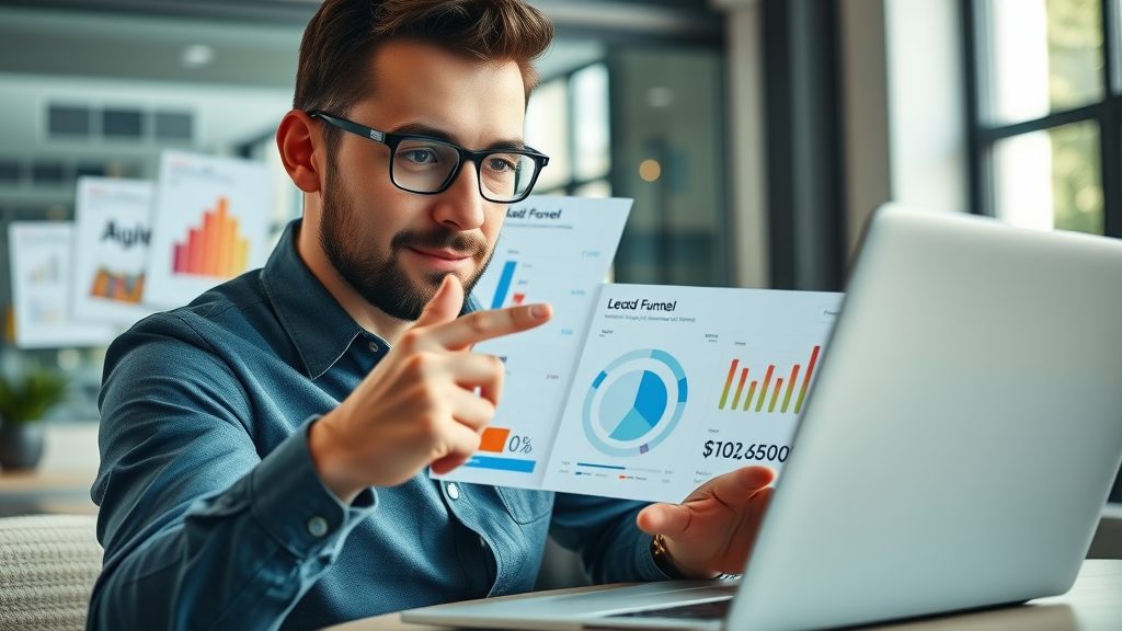 marketer analyzing social media ad lead funnel growth and ROI on a laptop