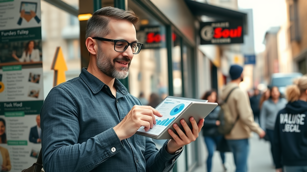 digital marketing for local businesses - modern storefront, owner reviewing stats