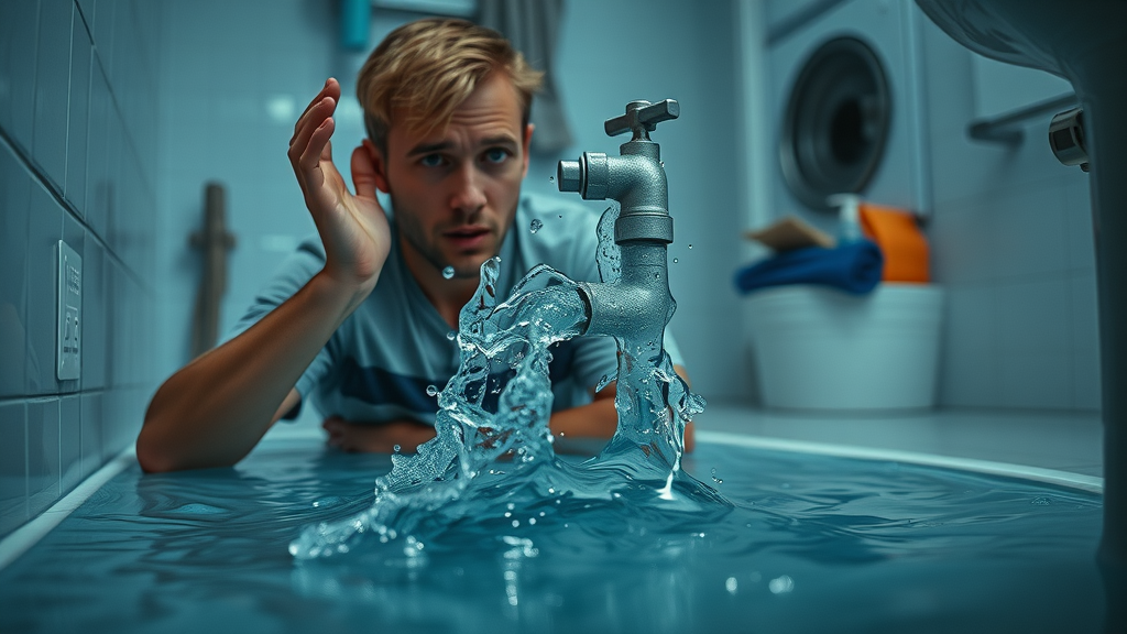 urgent plumbing emergency Chesterfield, Plumbing & Heating Services Chesterfield, burst pipe flooding, homeowner calling for help, dynamic water splash, dramatic lighting