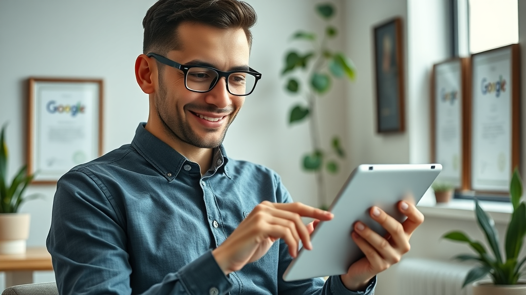 HVAC business owner optimizing Google Business Profile with certifications and images for local SEO
