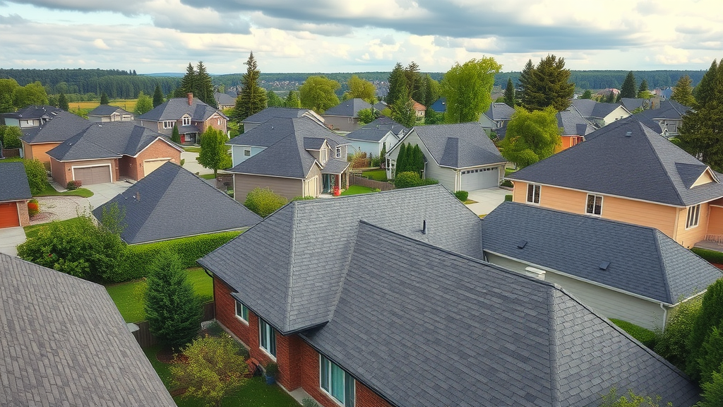cozy residential neighborhood displaying various roofing materials, especially new asphalt shingles on roofs, backed by green lawns and trees.