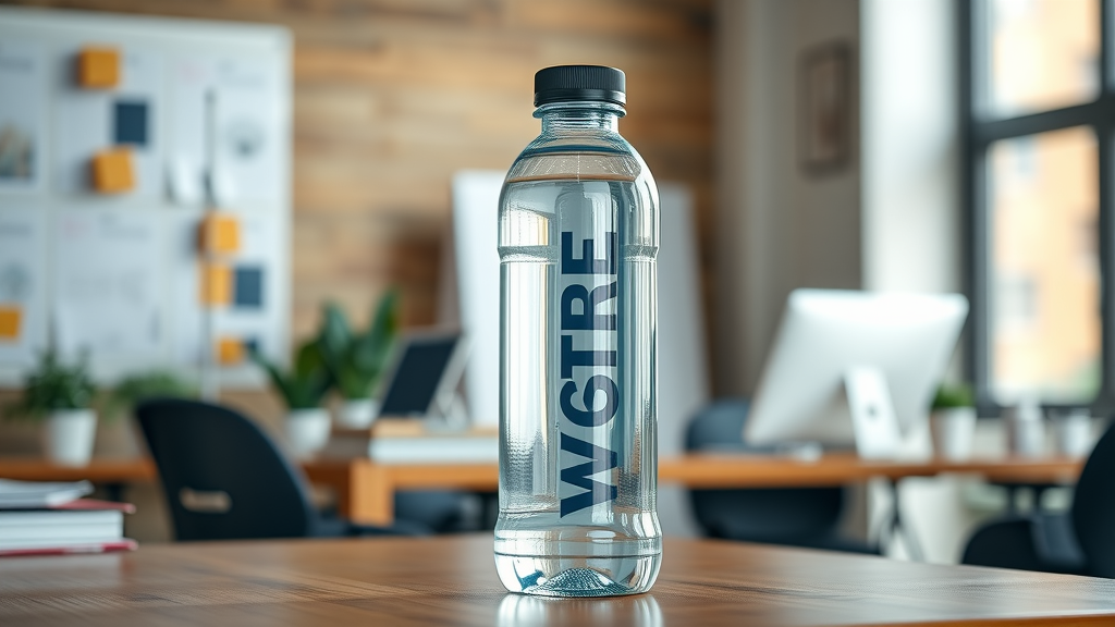 Sleek custom branded water bottle showcased on office desk enhancing brand recognition