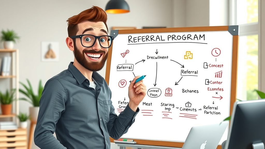 customer referral program entrepreneur sketching referral workflow cartoon business office