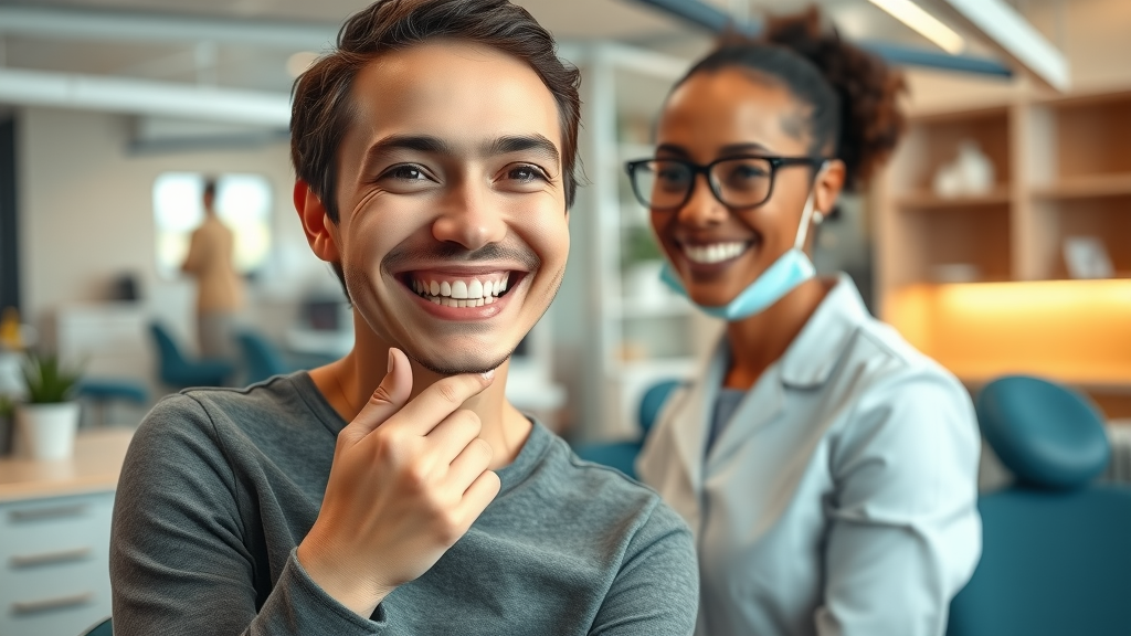 Happy patient in a Miami dental clinic exploring professional teeth whitening options.