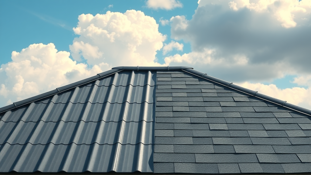 side-by-side comparison of metal roof and asphalt shingle, roof panel contrast