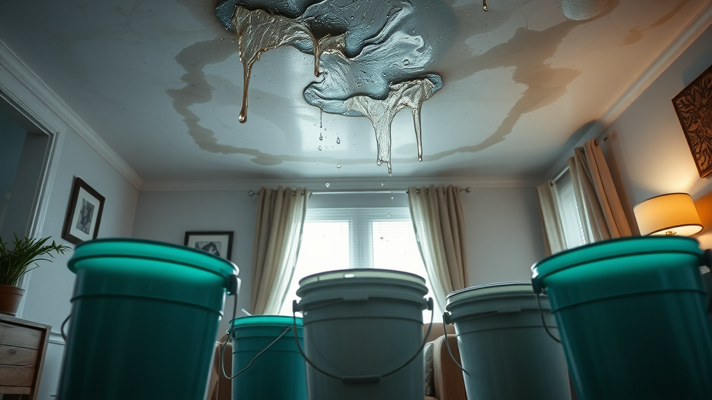 Cautionary scene: failed roof repair causing drip leaks and increased replacement cost in a living room