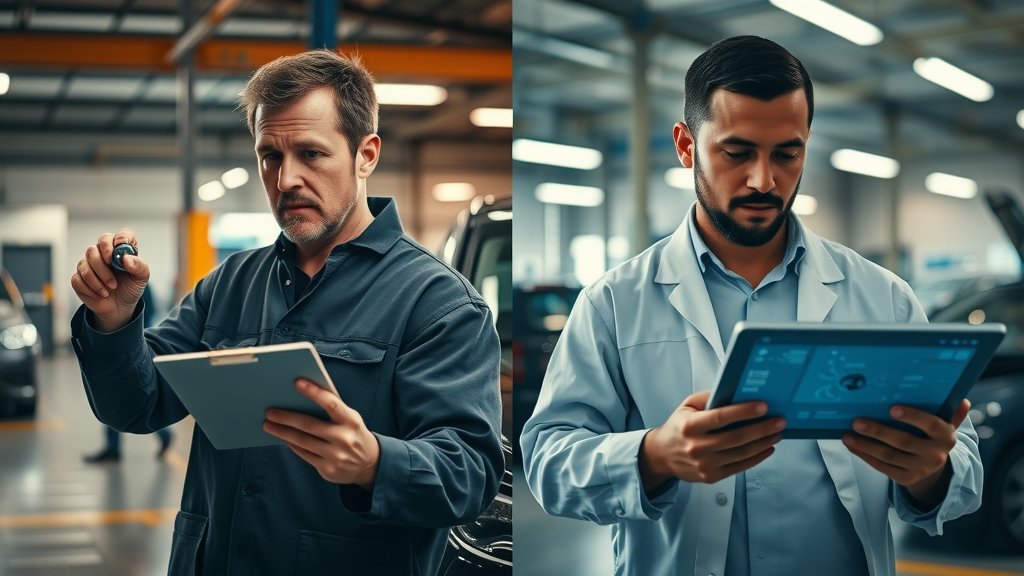 Side-by-side comparison of manual vs digital vehicle damage assessment methods in an auto garage