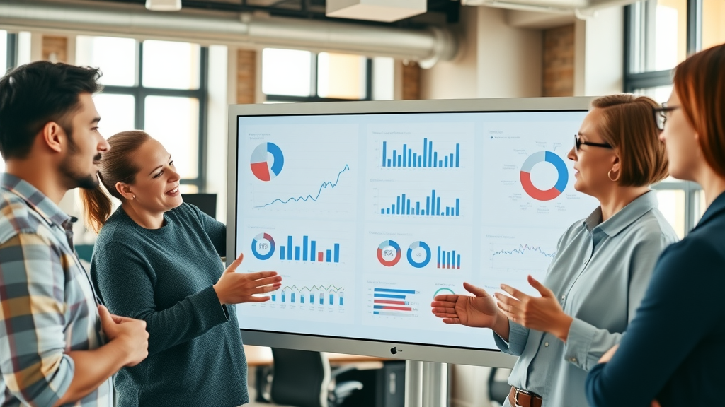 Display ad campaign data reviewed on clean data dashboard, diverse team focused on cost per click analysis and average cpc comparison